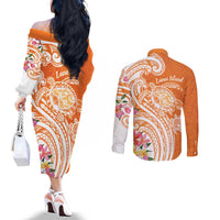 Aloha Lanai Island Personalized Couples Matching Off The Shoulder Long Sleeve Dress and Long Sleeve Button Shirt Orange Dreamy Turtle LT7 - Polynesian Pride