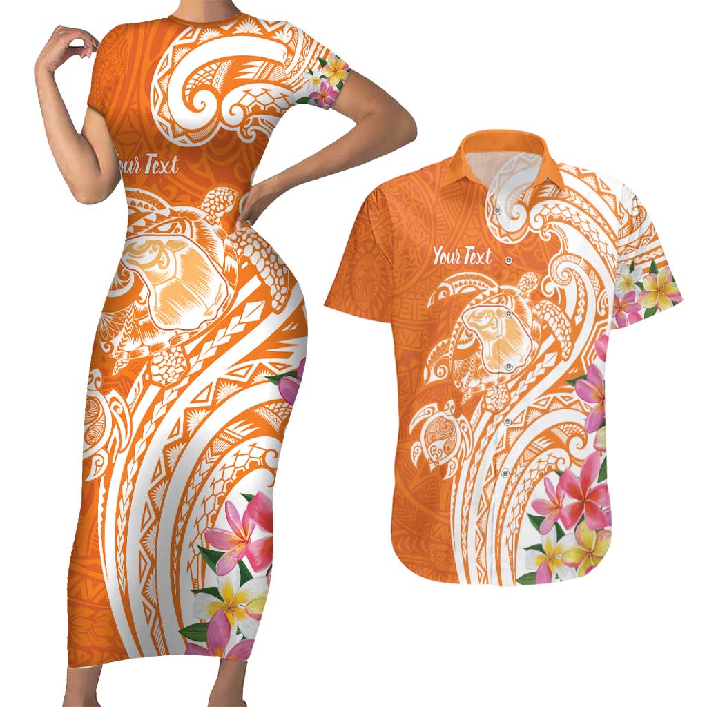 Aloha Lanai Island Personalized Couples Matching Short Sleeve Bodycon Dress and Hawaiian Shirt Orange Dreamy Turtle