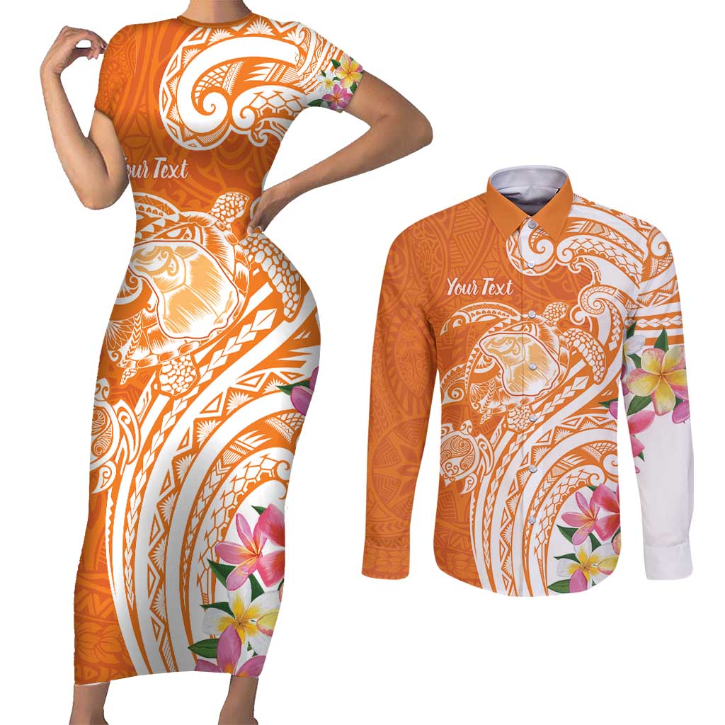 Aloha Lanai Island Personalized Couples Matching Short Sleeve Bodycon Dress and Long Sleeve Button Shirt Orange Dreamy Turtle LT7 Orange - Polynesian Pride