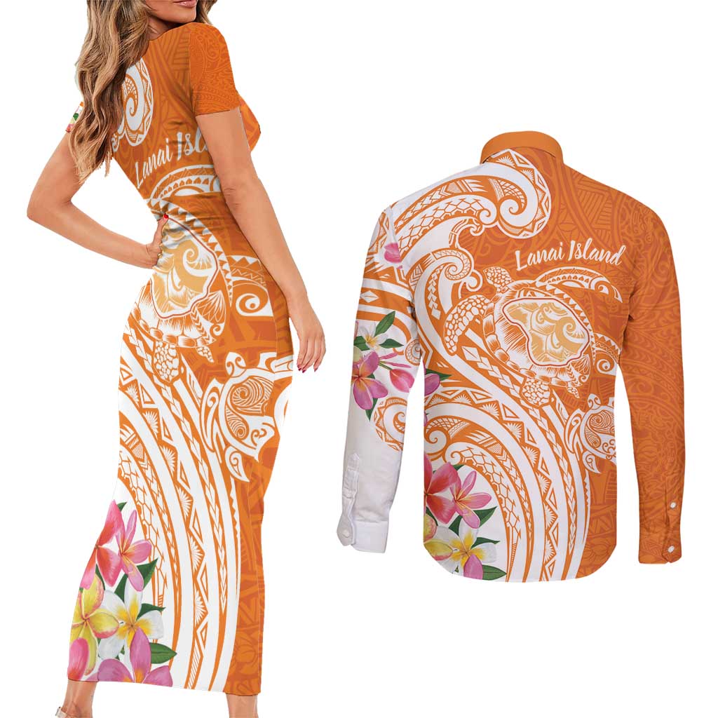 Aloha Lanai Island Personalized Couples Matching Short Sleeve Bodycon Dress and Long Sleeve Button Shirt Orange Dreamy Turtle