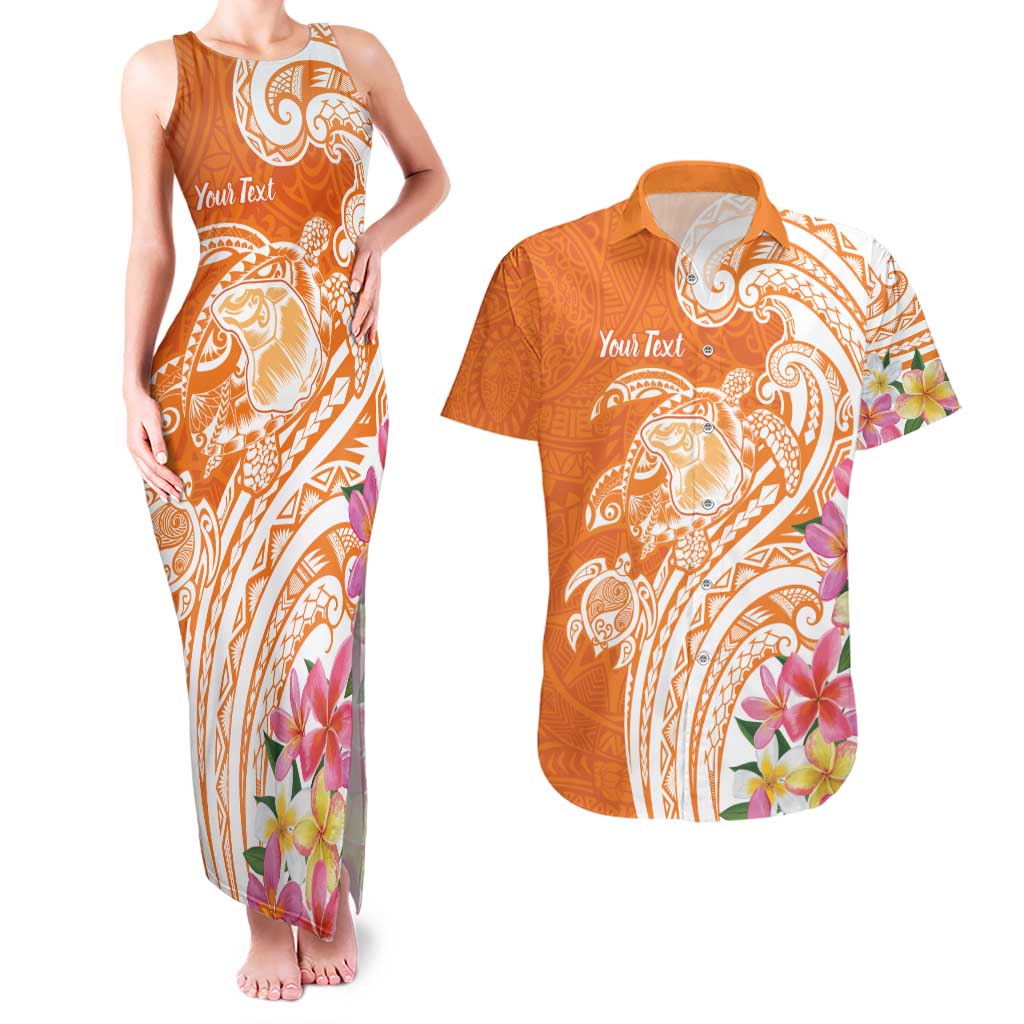 Aloha Lanai Island Personalized Couples Matching Tank Maxi Dress and Hawaiian Shirt Orange Dreamy Turtle