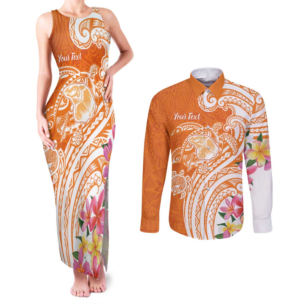 Aloha Lanai Island Personalized Couples Matching Tank Maxi Dress and Long Sleeve Button Shirt Orange Dreamy Turtle LT7 Orange - Polynesian Pride
