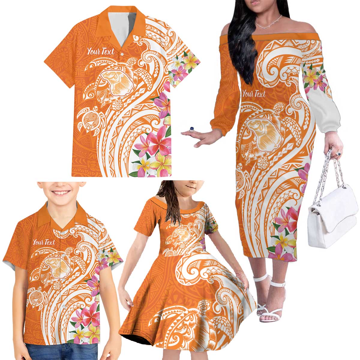 Aloha Lanai Island Personalized Family Matching Off The Shoulder Long Sleeve Dress and Hawaiian Shirt Orange Dreamy Turtle
