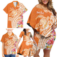 Aloha Lanai Island Personalized Family Matching Off Shoulder Short Dress and Hawaiian Shirt Orange Dreamy Turtle