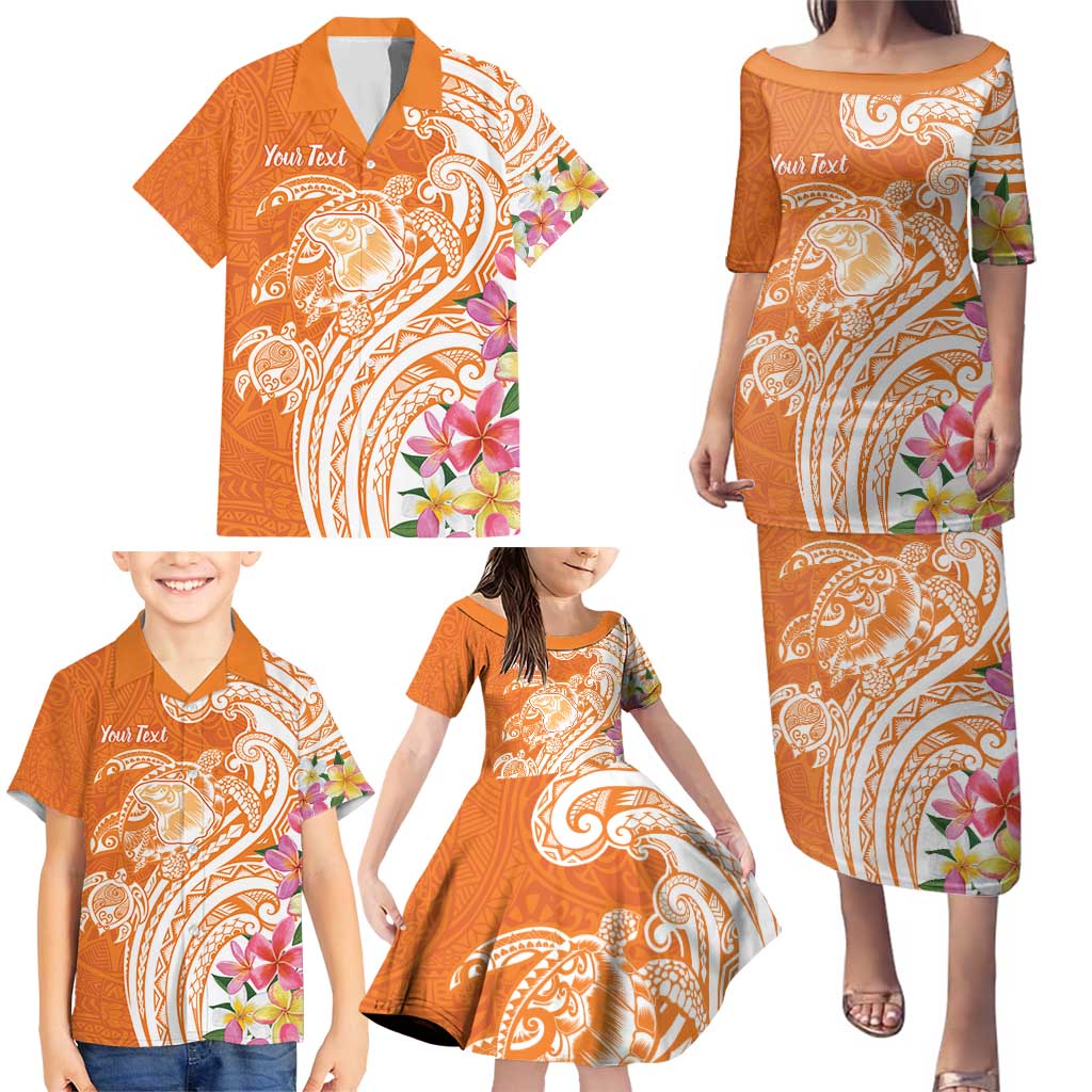 Aloha Lanai Island Personalized Family Matching Puletasi and Hawaiian Shirt Orange Dreamy Turtle