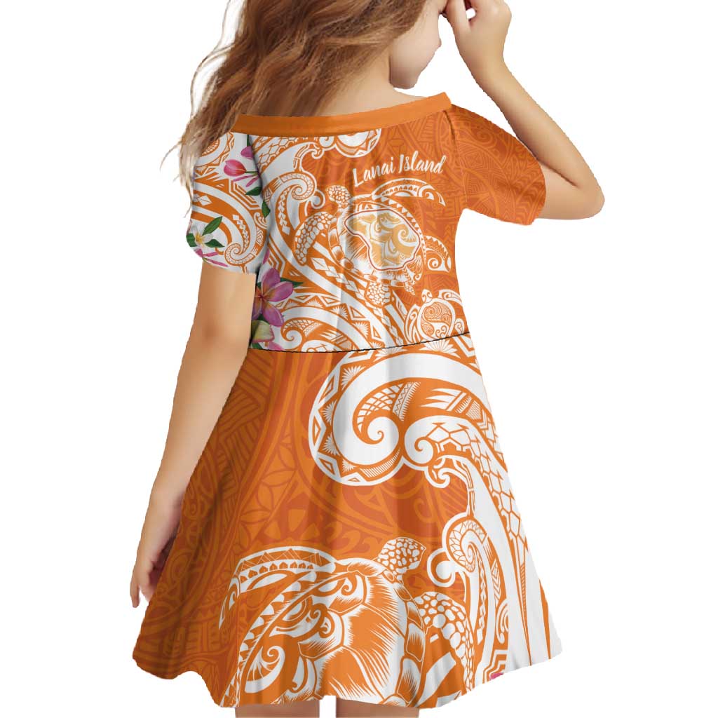 Aloha Lanai Island Personalized Family Matching Short Sleeve Bodycon Dress and Hawaiian Shirt Orange Dreamy Turtle