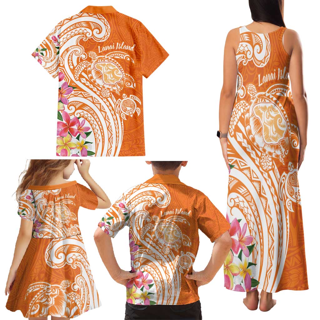 Aloha Lanai Island Personalized Family Matching Tank Maxi Dress and Hawaiian Shirt Orange Dreamy Turtle