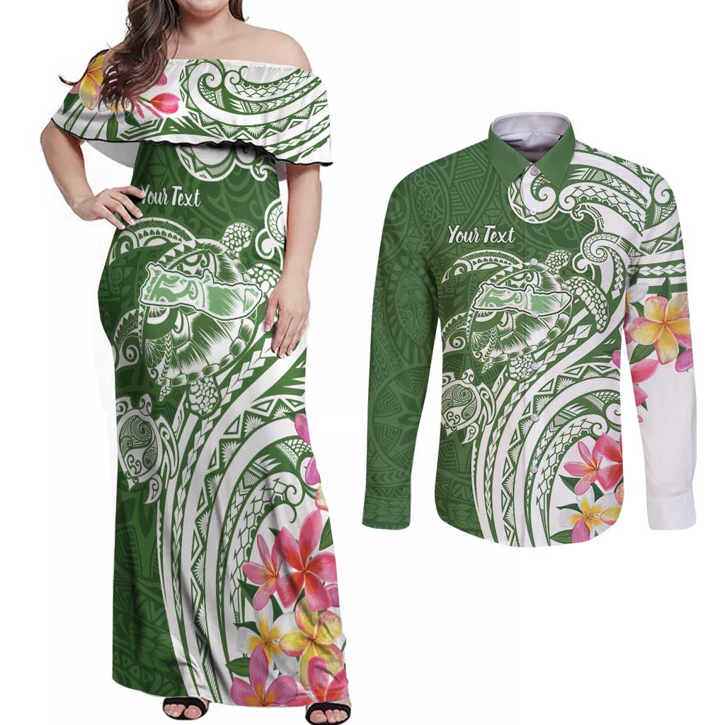 Aloha Molokai Island Personalized Couples Matching Off Shoulder Maxi Dress and Long Sleeve Button Shirt Sage Dreamy Turtle LT7 Sage Green - Polynesian Pride