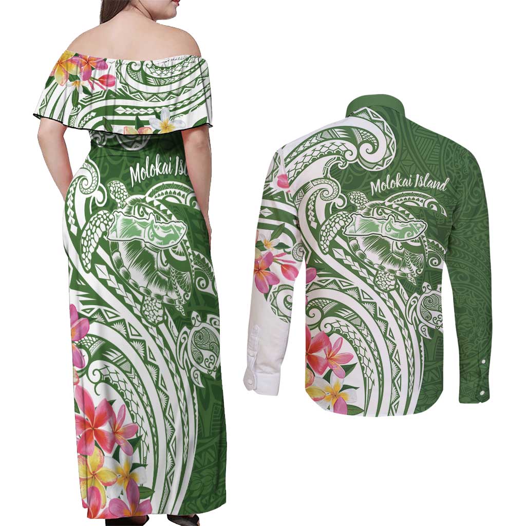 Aloha Molokai Island Personalized Couples Matching Off Shoulder Maxi Dress and Long Sleeve Button Shirt Sage Dreamy Turtle LT7 - Polynesian Pride