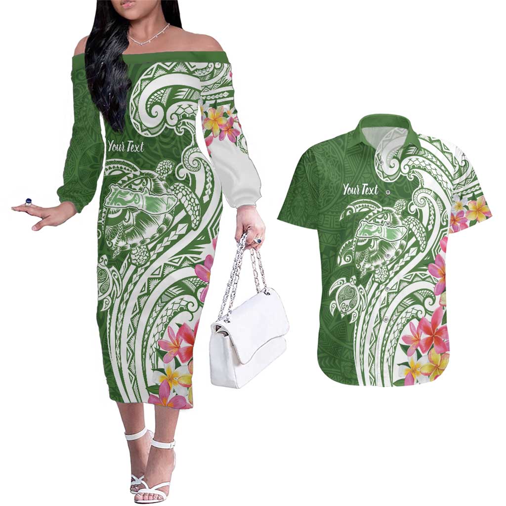 Aloha Molokai Island Personalized Couples Matching Off The Shoulder Long Sleeve Dress and Hawaiian Shirt Sage Dreamy Turtle