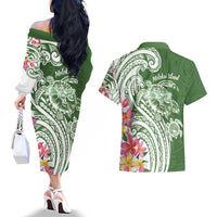 Aloha Molokai Island Personalized Couples Matching Off The Shoulder Long Sleeve Dress and Hawaiian Shirt Sage Dreamy Turtle