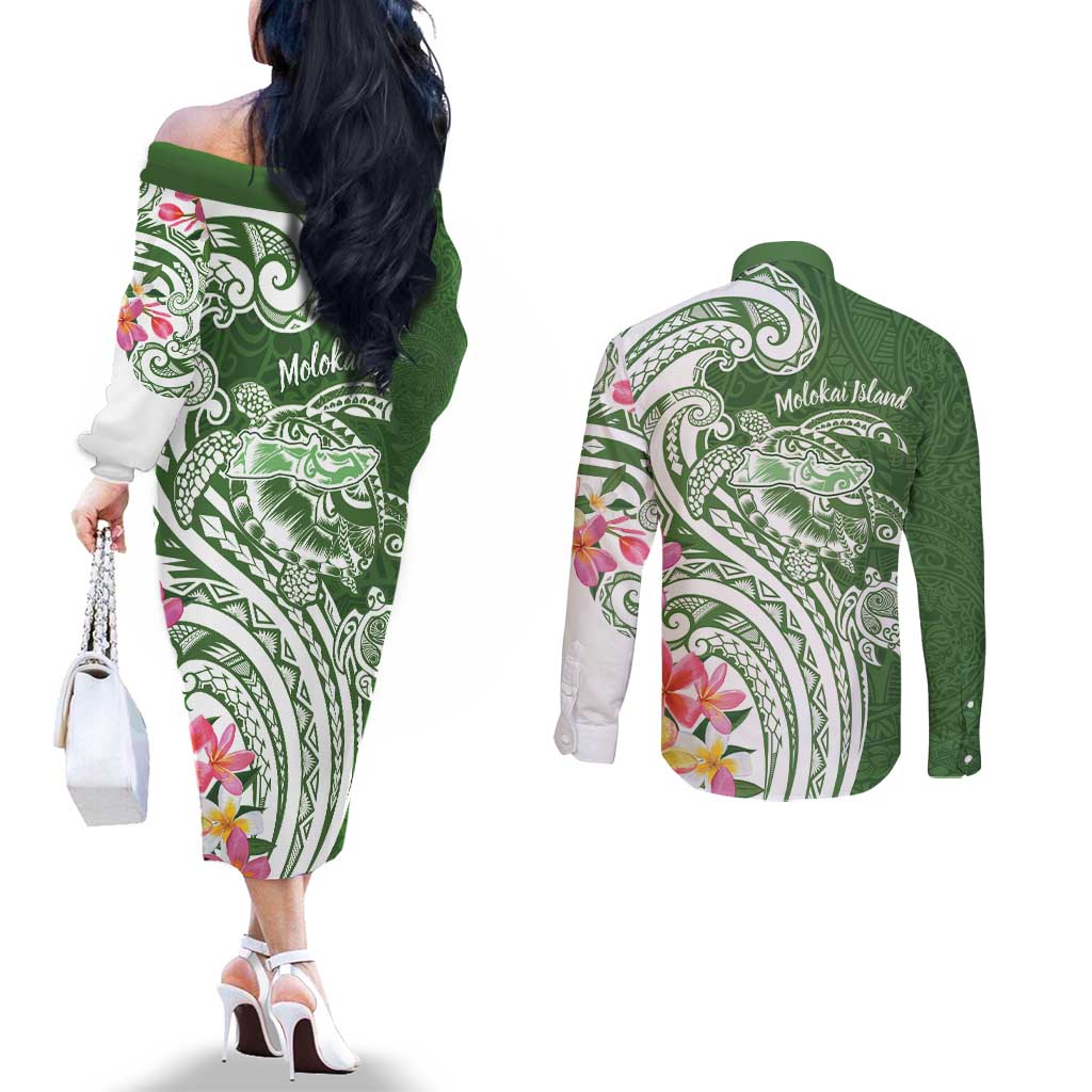 Aloha Molokai Island Personalized Couples Matching Off The Shoulder Long Sleeve Dress and Long Sleeve Button Shirt Sage Dreamy Turtle LT7 - Polynesian Pride
