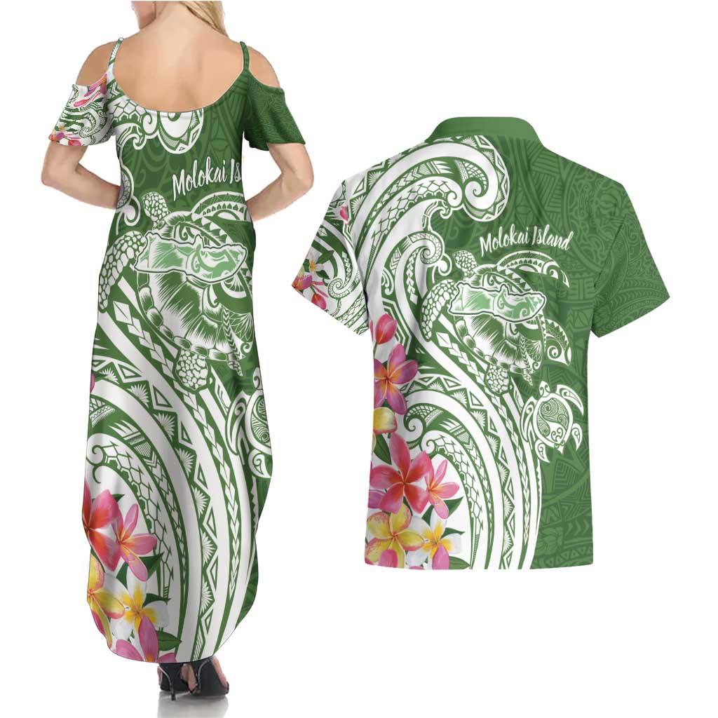 Aloha Molokai Island Personalized Couples Matching Summer Maxi Dress and Hawaiian Shirt Sage Dreamy Turtle
