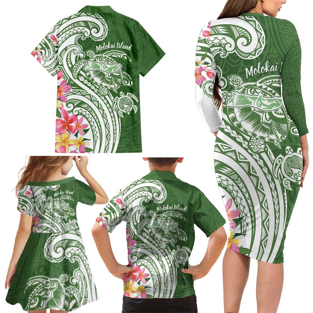 Aloha Molokai Island Personalized Family Matching Long Sleeve Bodycon Dress and Hawaiian Shirt Sage Dreamy Turtle