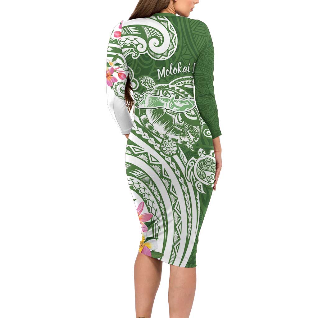 Aloha Molokai Island Personalized Family Matching Long Sleeve Bodycon Dress and Hawaiian Shirt Sage Dreamy Turtle