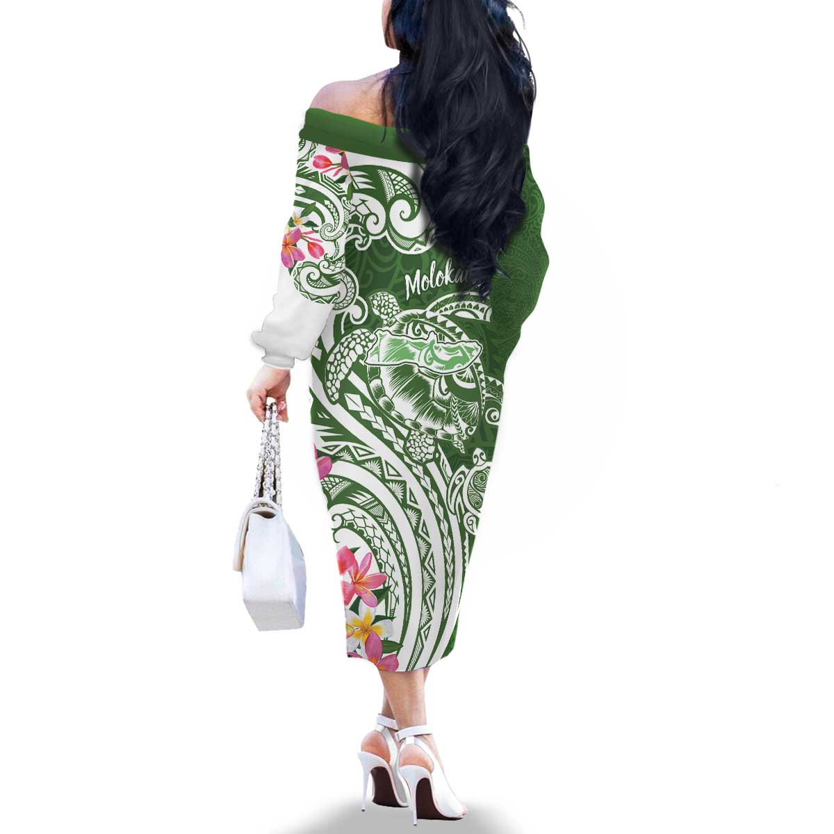 Aloha Molokai Island Personalized Family Matching Off The Shoulder Long Sleeve Dress and Hawaiian Shirt Sage Dreamy Turtle