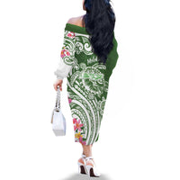 Aloha Molokai Island Personalized Family Matching Off The Shoulder Long Sleeve Dress and Hawaiian Shirt Sage Dreamy Turtle