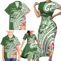 Aloha Molokai Island Personalized Family Matching Short Sleeve Bodycon Dress and Hawaiian Shirt Sage Dreamy Turtle