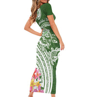 Aloha Molokai Island Personalized Family Matching Short Sleeve Bodycon Dress and Hawaiian Shirt Sage Dreamy Turtle