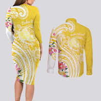 Aloha Oahu Island Personalized Couples Matching Long Sleeve Bodycon Dress and Long Sleeve Button Shirt Yellow Dreamy Turtle LT7 - Polynesian Pride
