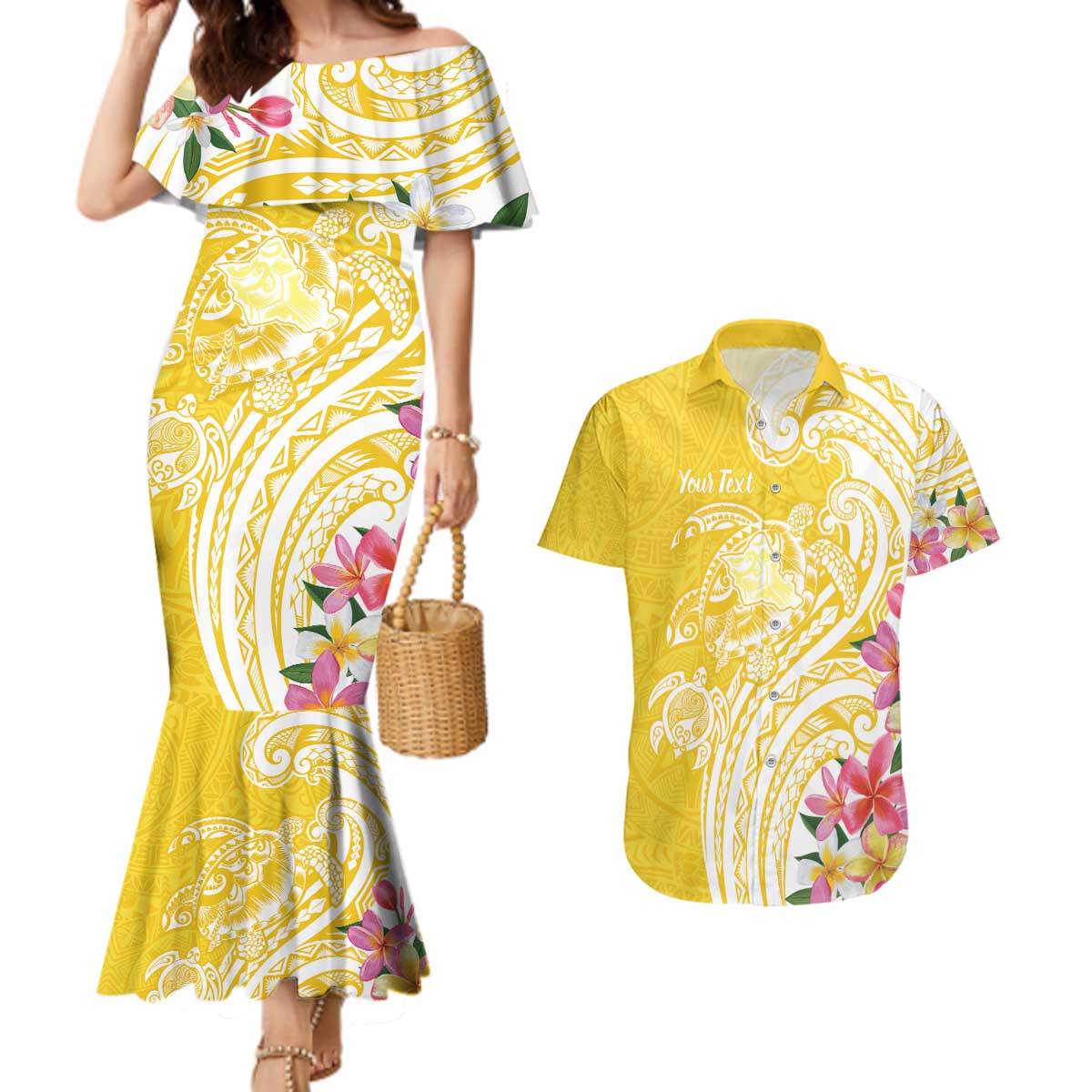Aloha Oahu Island Personalized Couples Matching Mermaid Dress and Hawaiian Shirt Yellow Dreamy Turtle