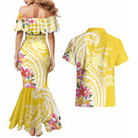 Aloha Oahu Island Personalized Couples Matching Mermaid Dress and Hawaiian Shirt Yellow Dreamy Turtle