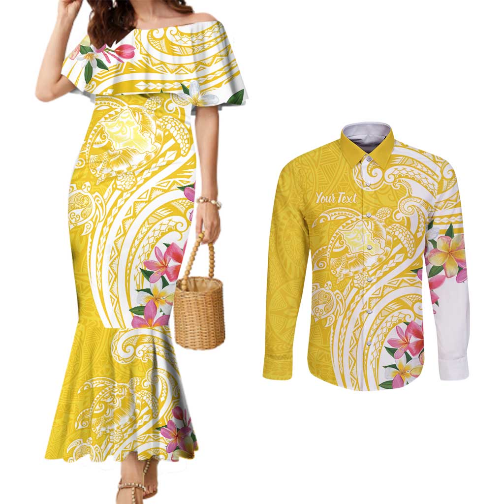 Aloha Oahu Island Personalized Couples Matching Mermaid Dress and Long Sleeve Button Shirt Yellow Dreamy Turtle LT7 Yellow - Polynesian Pride