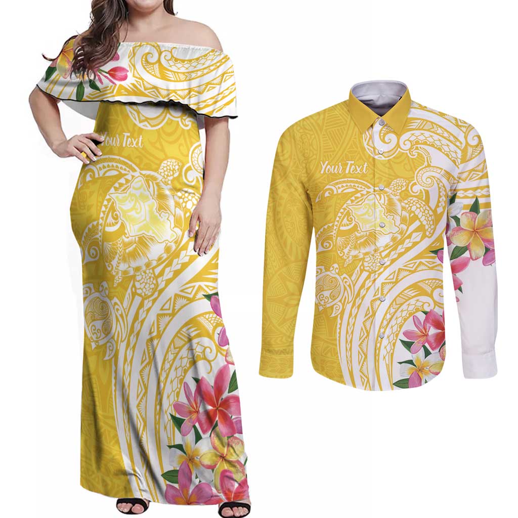 Aloha Oahu Island Personalized Couples Matching Off Shoulder Maxi Dress and Long Sleeve Button Shirt Yellow Dreamy Turtle LT7 Yellow - Polynesian Pride