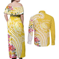 Aloha Oahu Island Personalized Couples Matching Off Shoulder Maxi Dress and Long Sleeve Button Shirt Yellow Dreamy Turtle