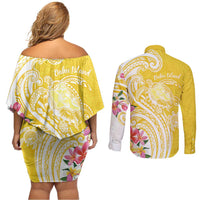 Aloha Oahu Island Personalized Couples Matching Off Shoulder Short Dress and Long Sleeve Button Shirt Yellow Dreamy Turtle