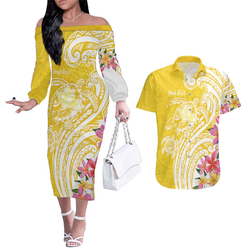 Aloha Oahu Island Personalized Couples Matching Off The Shoulder Long Sleeve Dress and Hawaiian Shirt Yellow Dreamy Turtle