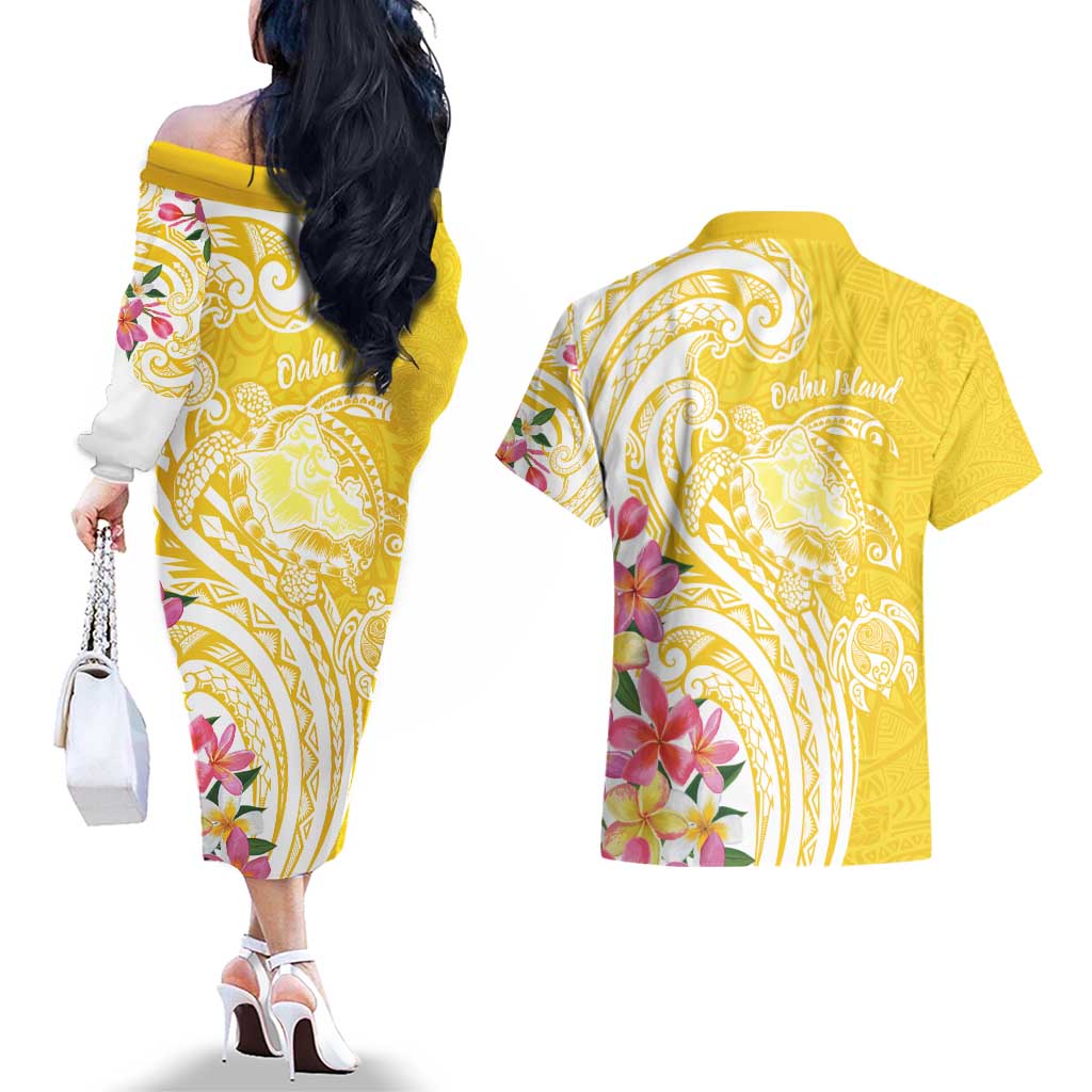 Aloha Oahu Island Personalized Couples Matching Off The Shoulder Long Sleeve Dress and Hawaiian Shirt Yellow Dreamy Turtle