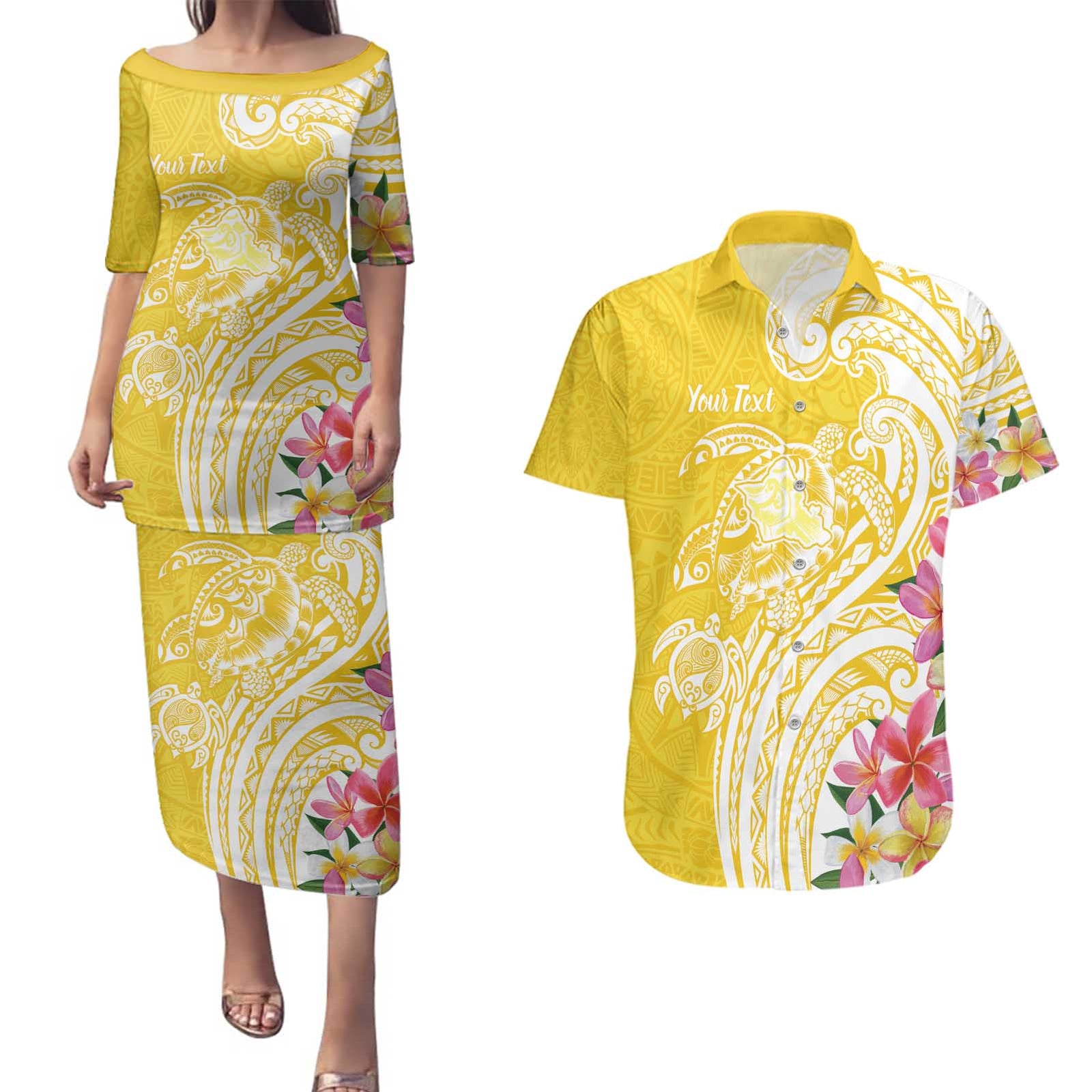 Aloha Oahu Island Personalized Couples Matching Puletasi and Hawaiian Shirt Yellow Dreamy Turtle