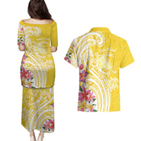 Aloha Oahu Island Personalized Couples Matching Puletasi and Hawaiian Shirt Yellow Dreamy Turtle