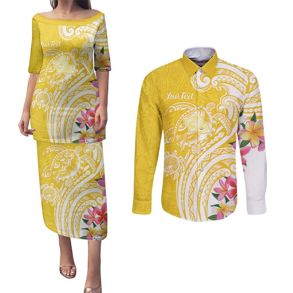 Aloha Oahu Island Personalized Couples Matching Puletasi and Long Sleeve Button Shirt Yellow Dreamy Turtle LT7 Yellow - Polynesian Pride