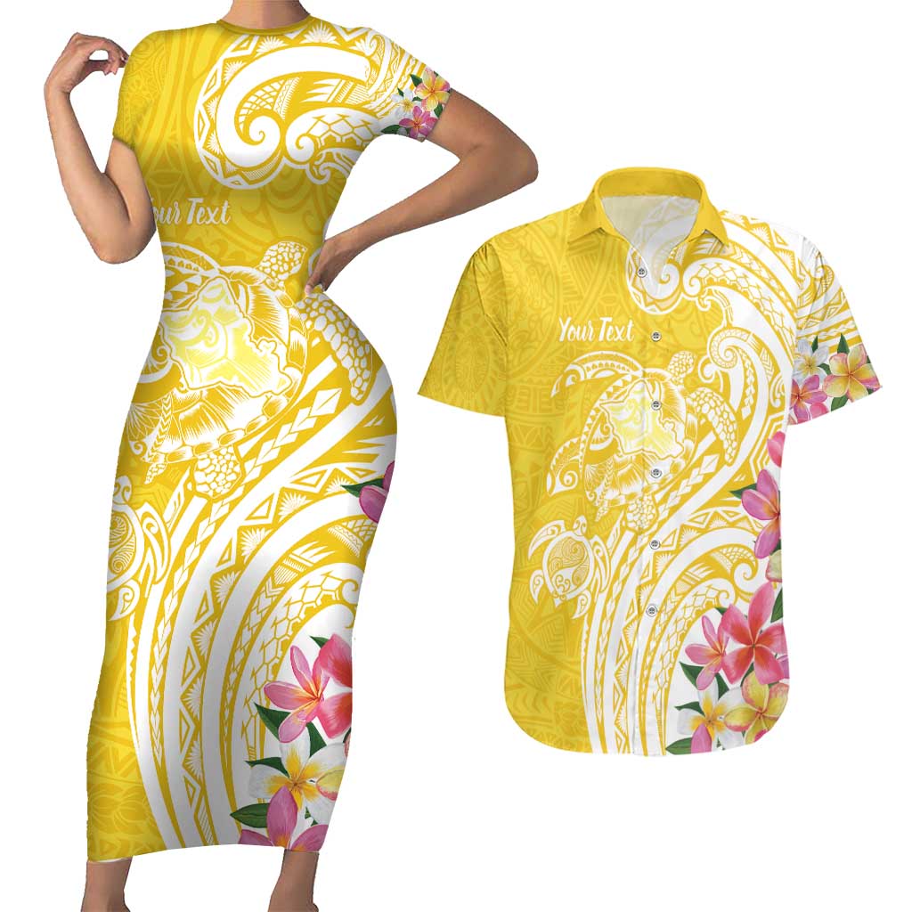 Aloha Oahu Island Personalized Couples Matching Short Sleeve Bodycon Dress and Hawaiian Shirt Yellow Dreamy Turtle