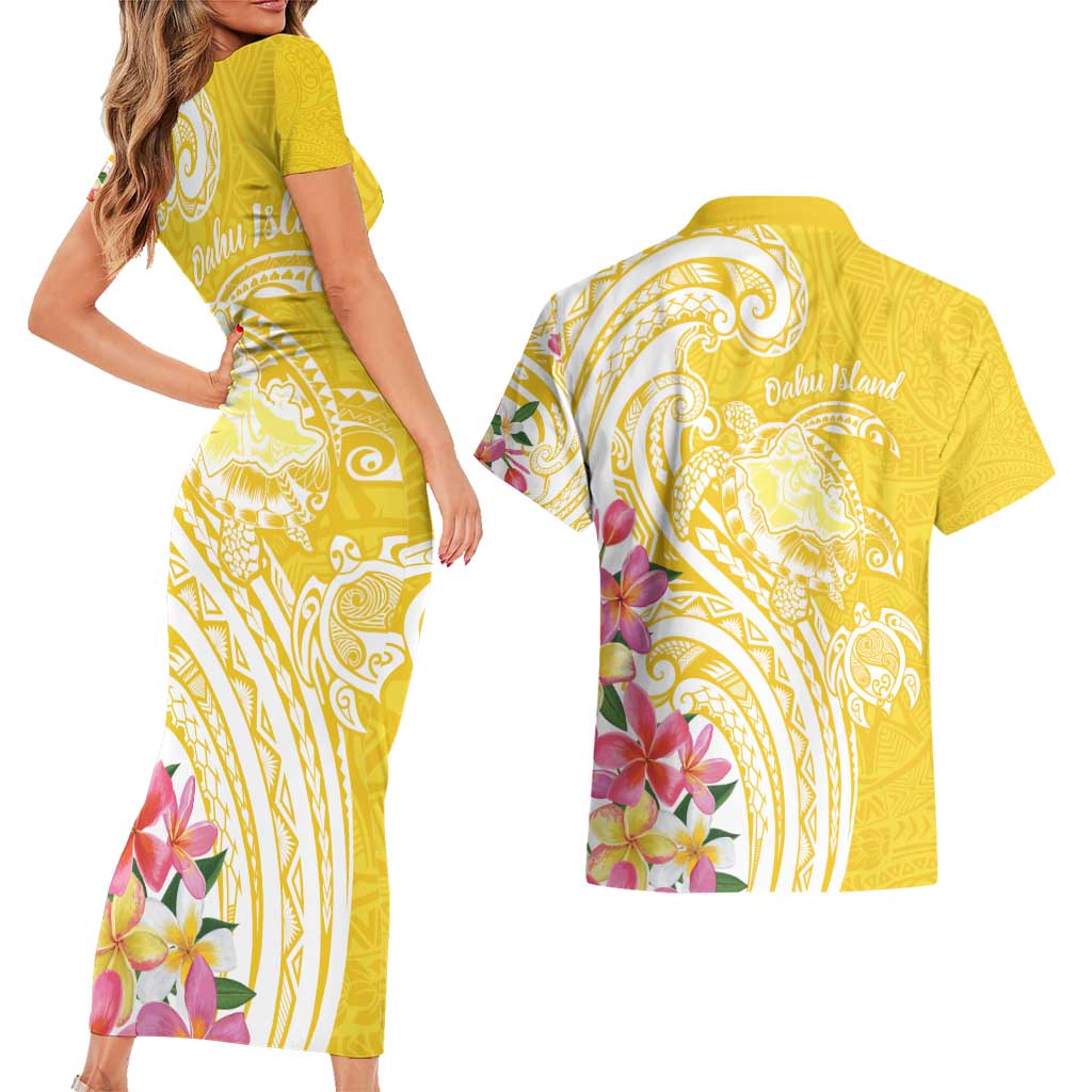 Aloha Oahu Island Personalized Couples Matching Short Sleeve Bodycon Dress and Hawaiian Shirt Yellow Dreamy Turtle