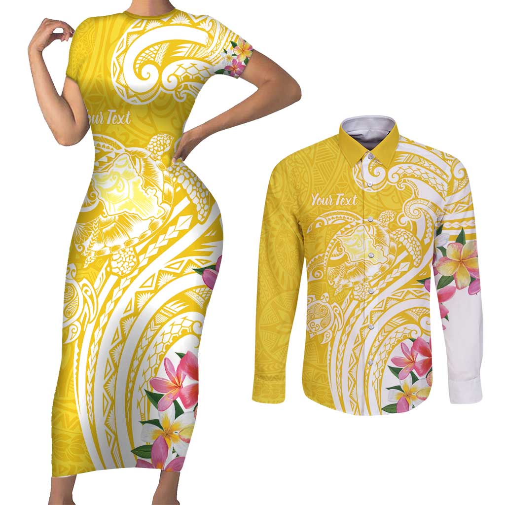 Aloha Oahu Island Personalized Couples Matching Short Sleeve Bodycon Dress and Long Sleeve Button Shirt Yellow Dreamy Turtle LT7 Yellow - Polynesian Pride