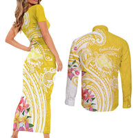 Aloha Oahu Island Personalized Couples Matching Short Sleeve Bodycon Dress and Long Sleeve Button Shirt Yellow Dreamy Turtle LT7 - Polynesian Pride
