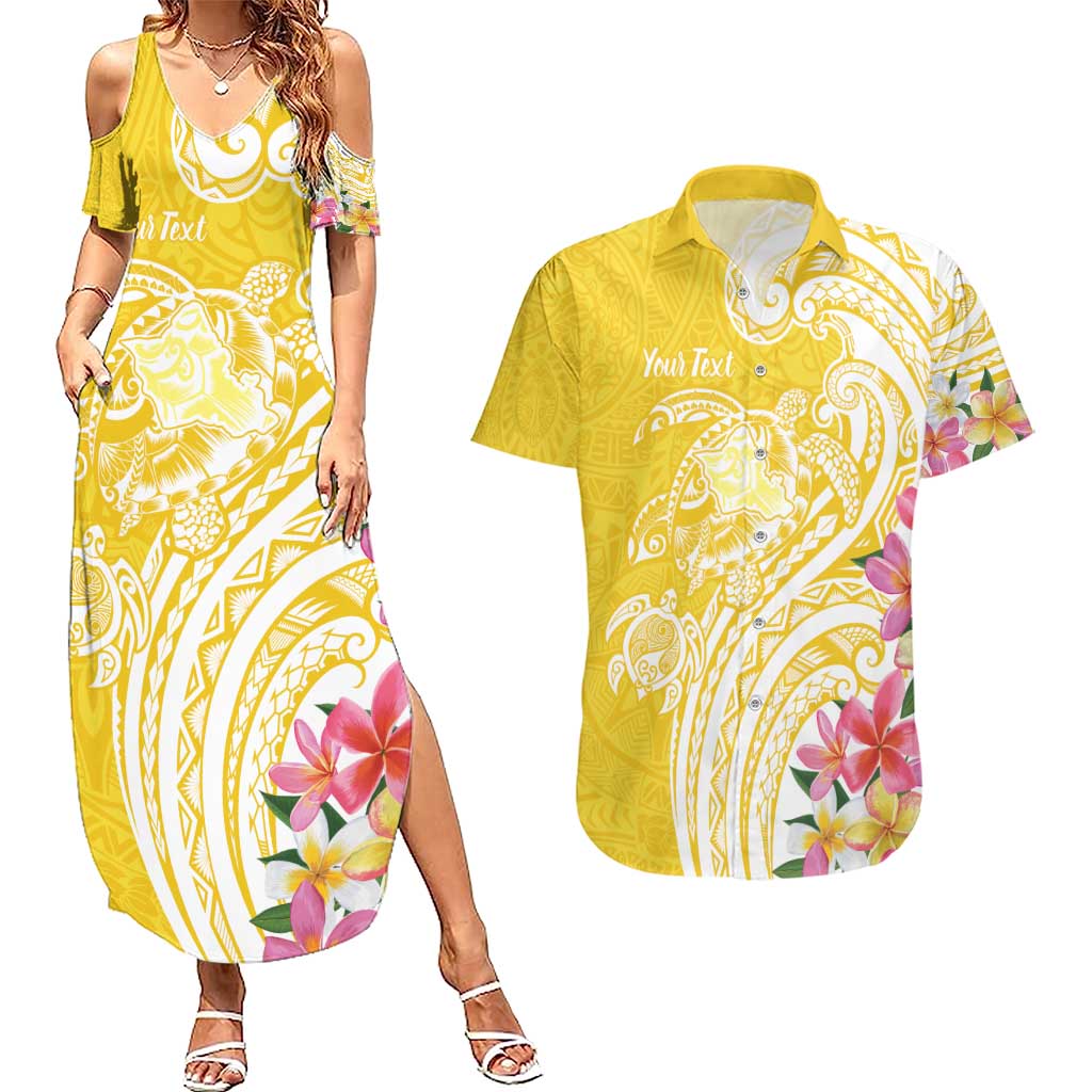 Aloha Oahu Island Personalized Couples Matching Summer Maxi Dress and Hawaiian Shirt Yellow Dreamy Turtle