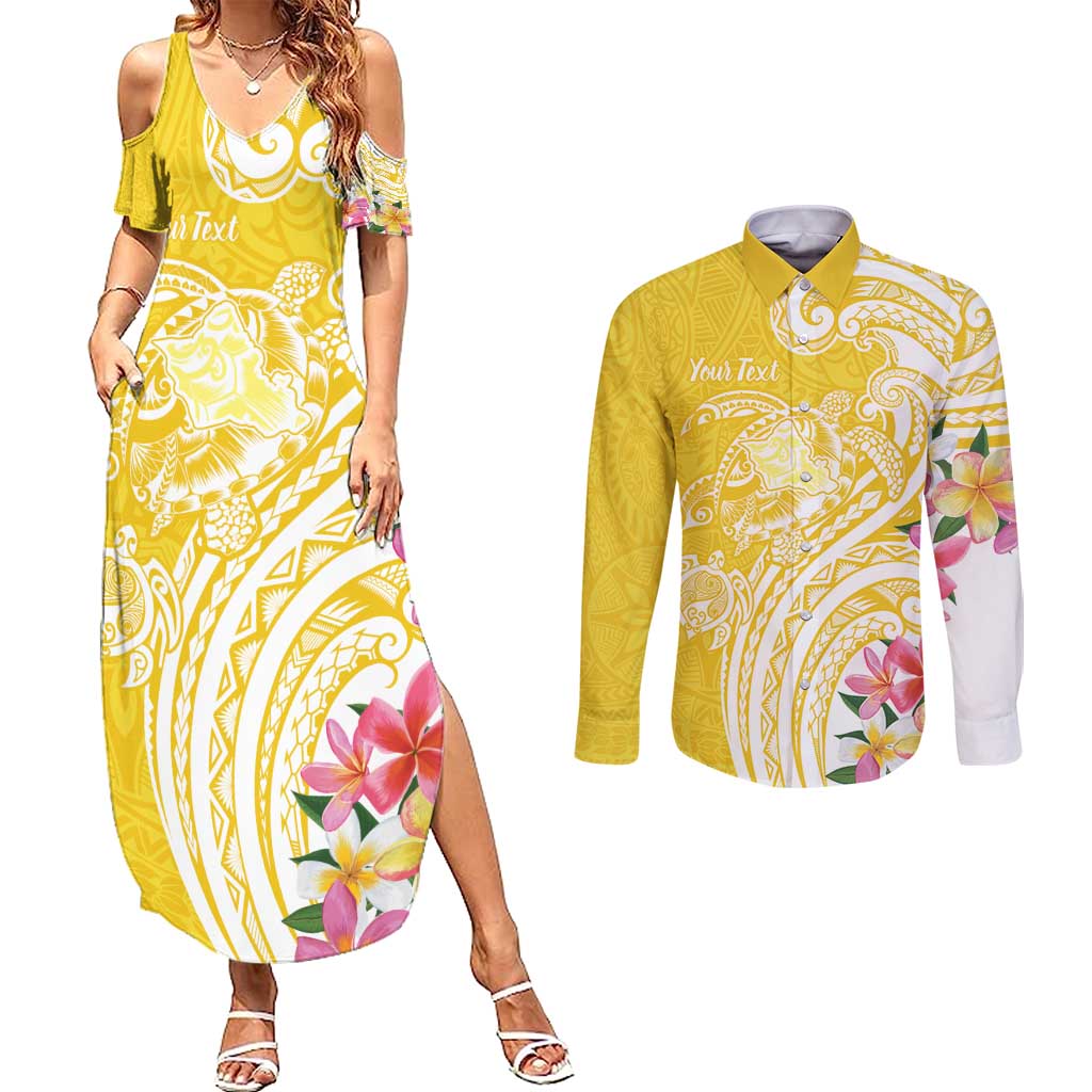 Aloha Oahu Island Personalized Couples Matching Summer Maxi Dress and Long Sleeve Button Shirt Yellow Dreamy Turtle LT7 Yellow - Polynesian Pride