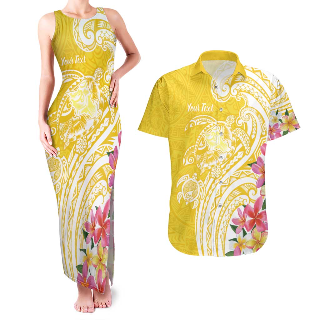 Aloha Oahu Island Personalized Couples Matching Tank Maxi Dress and Hawaiian Shirt Yellow Dreamy Turtle