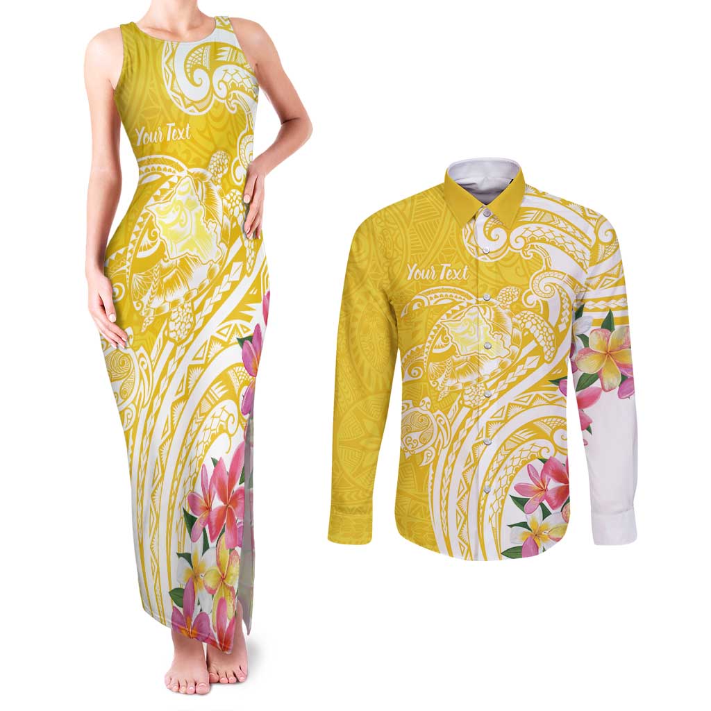 Aloha Oahu Island Personalized Couples Matching Tank Maxi Dress and Long Sleeve Button Shirt Yellow Dreamy Turtle LT7 Yellow - Polynesian Pride