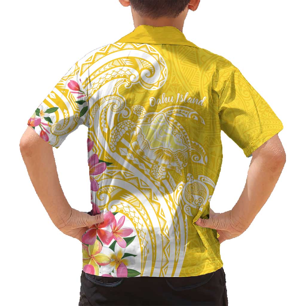 Aloha Oahu Island Personalized Family Matching Long Sleeve Bodycon Dress and Hawaiian Shirt Yellow Dreamy Turtle