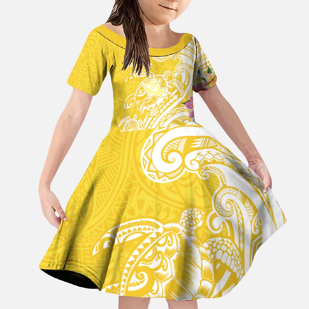 Aloha Oahu Island Personalized Family Matching Long Sleeve Bodycon Dress and Hawaiian Shirt Yellow Dreamy Turtle