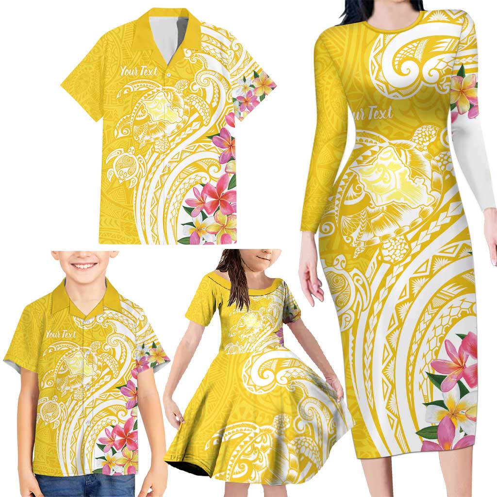 Aloha Oahu Island Personalized Family Matching Long Sleeve Bodycon Dress and Hawaiian Shirt Yellow Dreamy Turtle