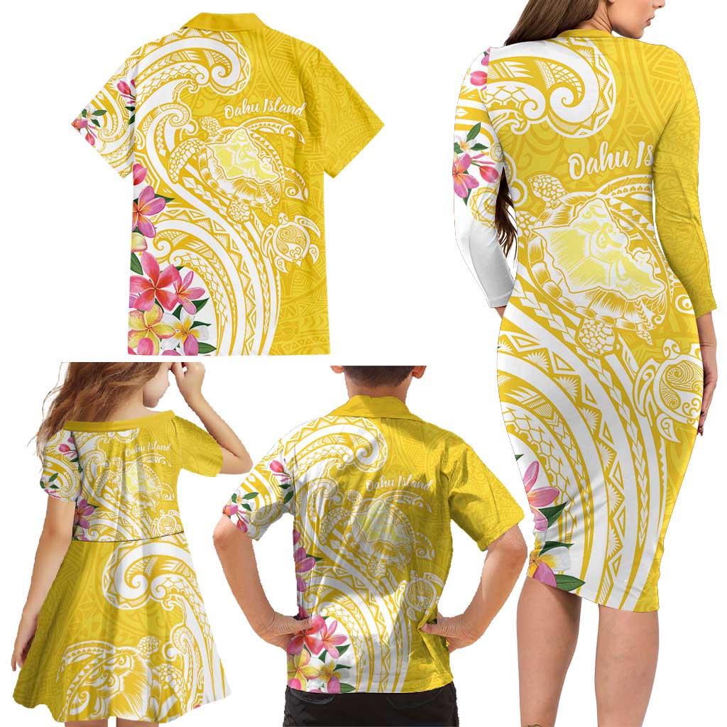 Aloha Oahu Island Personalized Family Matching Long Sleeve Bodycon Dress and Hawaiian Shirt Yellow Dreamy Turtle