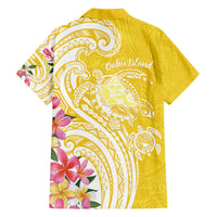 Aloha Oahu Island Personalized Family Matching Off The Shoulder Long Sleeve Dress and Hawaiian Shirt Yellow Dreamy Turtle