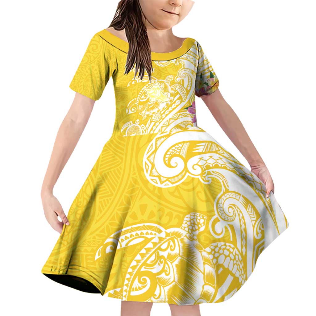 Aloha Oahu Island Personalized Family Matching Off Shoulder Short Dress and Hawaiian Shirt Yellow Dreamy Turtle