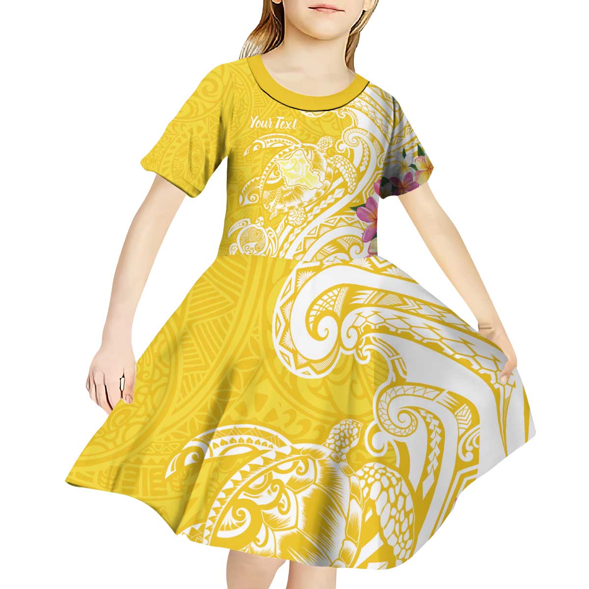 Aloha Oahu Island Personalized Kid Short Sleeve Dress Yellow Dreamy Turtle